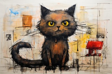 A painting of a cat sitting in front of a fire hydrant.