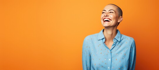 Happy Laughing Cancer Survivor Wearing a Blue Shirt on an Orange Background with Space for Copy for World Cancer Day