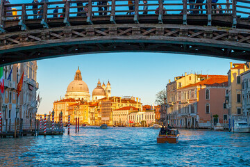 Grand canal with dell' Accademia bridge in Venice at sunset, with view of the basilica Santa Maria delle Salute, Italy - obrazy, fototapety, plakaty