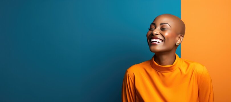 African American Cancer Survivor Wearing an Orange Shirt on a Blue Background with Space for Copy for World Cancer Day