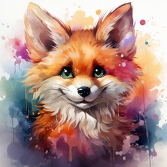 A painting of a red fox with green eyes.