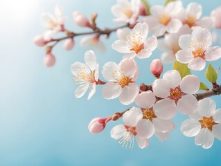 Fototapeta premium Pink flowers of blooming Apple tree in spring against blue sky on a Sunny day close-up macro in nature outdoors