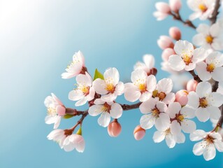 Fototapeta premium Pink flowers of blooming Apple tree in spring against blue sky on a Sunny day close-up macro in nature outdoors