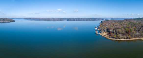 aerial panorama of the Pickwick Lake on the Tennesse River near Eastport, MS - November scenery - obrazy, fototapety, plakaty