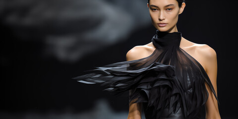 Fashion Show, Catwalk Event, Runway Show. Young female model walks the Runway in new designer gorgeous flowing gold and black dress at fashion show. Couture week, Fashion Week themed image.	