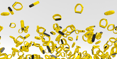 Flying and folling sport equipment like fitness tracker or smart watch on white