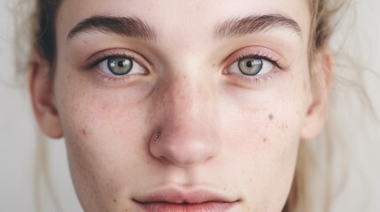 Fototapeta premium Against a beige backdrop, a woman from Europe confidently showcases her imperfect skin.