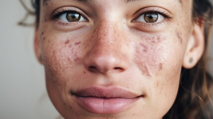 Obraz premium Embracing her flawed skin, a woman from Europe confidently looks at the camera against a beige backdrop.