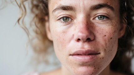 Fototapeta premium A European lady poses with imperfect skin against a beige backdrop in a studio light setting.
