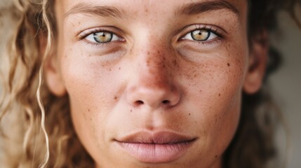 Against a light beige background, a European woman showcases her imperfect skin while posing.