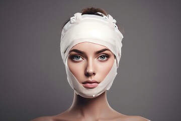 Woman's head wrapped in bandages post-plastic surgery, conveying the concept of cosmetic enhancement and recovery. Transformative beauty journey and the process of healing after a surgical procedure.