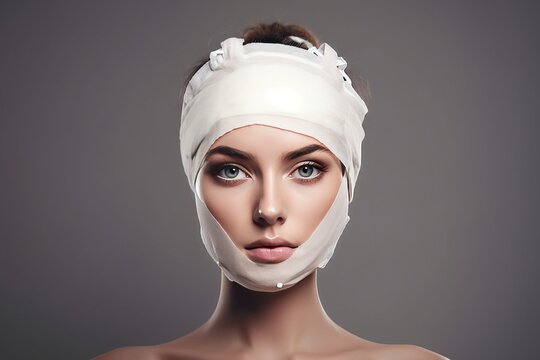 Woman's head wrapped in bandages post-plastic surgery, conveying the concept of cosmetic enhancement and recovery. Transformative beauty journey and the process of healing after a surgical procedure.