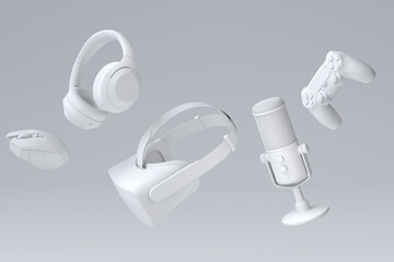 Top view gamer gears like joystick, microphone, headphones and VR glasses © Vasyl Onyskiv