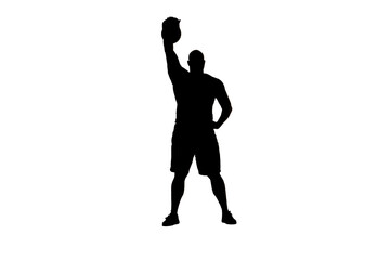Fototapeta na wymiar In the shot, a man stands in silhouette against a white background. He is an athlete, a bodybuilder. Demonstrates an exercise with a kettlebell, holding it above him. He is standing in full face