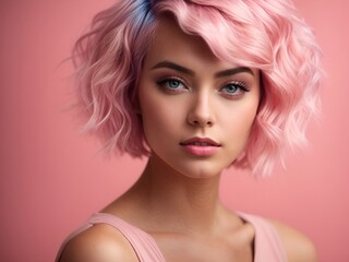 Beautiful young woman with short hair blue eyes and pink tinted hair . Hairdressing and makeup concept. Pink background