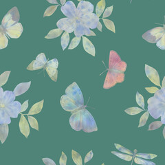 Watercolor flowers and butterflies, seamless botanical pattern on a green background for wrapping paper and wallpaper.