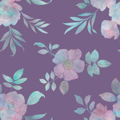 watercolor peony flowers with leaves, for wallpaper, wrapping paper, packaging, seamless pattern, hand drawn illustration on lilac background