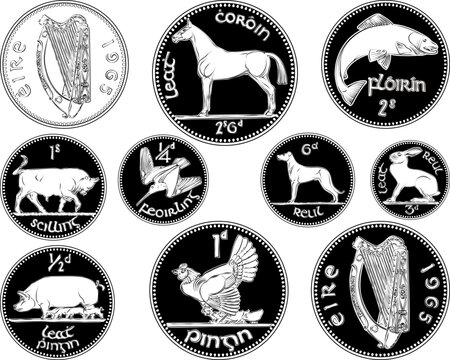 Vector set of Irish money Pre-decimal gold and silver coins Penny. Black and white image