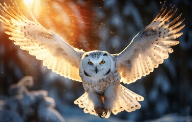 A beautiful snow owl takes flight
