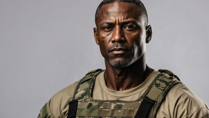 Serious black middle-aged male soldier in military gear, camouflage, intense gaze, grey background - obrazy, fototapety, plakaty
