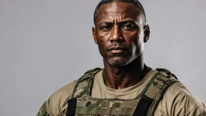 Fotobehang Serious black middle-aged male soldier in military gear, camouflage, intense gaze, grey background © Tom