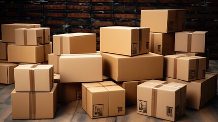 cardboard delivery boxes or parcels, the concept of shipping and logistics with a focus on the neatly arranged packages.