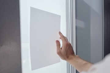 Hands attaching a blank white paper to a window. Mock up place for text and advertisement.