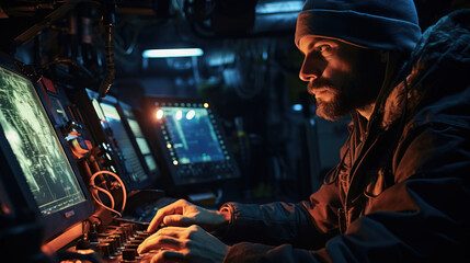 Oceanographer Mapping Seabed: A portrait of an oceanographer using advanced sonar equipment aboard a research vessel, mapping the ocean floor and studying underwater landscapes. - obrazy, fototapety, plakaty