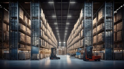 Fototapeta premium a massive distribution warehouse designed in a modern style, the vastness of the space, featuring high shelves and forklifts.