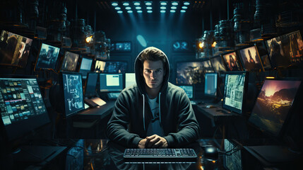 Ethical Hacker or Cybersecurity Expert: A portrait of a tech professional in a hoodie, sitting in front of multiple computer screens, symbolizing expertise in cybersecurity. - obrazy, fototapety, plakaty