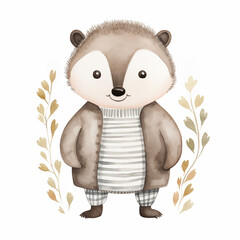 A charming watercolor image of a friendly badger in a textured sweater and coat, surrounded by a subtle spray of fall leaves, painted in a harmonious palette of soft grays and brow High quality