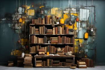 Step into an ethereal realm where old books hang suspended, creating a surreal still life - obrazy, fototapety, plakaty