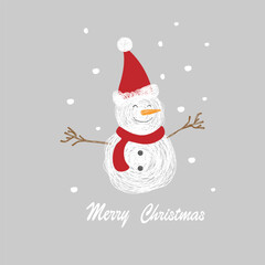 Fototapeta na wymiar A snowman in a red hat wishes everyone a Merry Christmas.