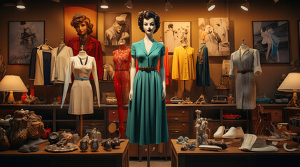 Designer Vintage Clothing Store: A retro-style boutique showcasing curated vintage fashion items,...