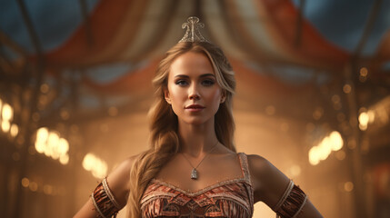 Circus Performer: A portrait of a circus performer,  aerialist or acrobat, showcasing their skill. Circus tent backdrop.