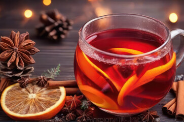 Christmas mulled red wine with aromatic spices and citrus fruits on a wooden rustic table. Traditional hot drink at Christmas time.