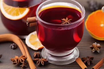Christmas mulled red wine with aromatic spices and citrus fruits on a wooden rustic table. Traditional hot drink at Christmas time.
