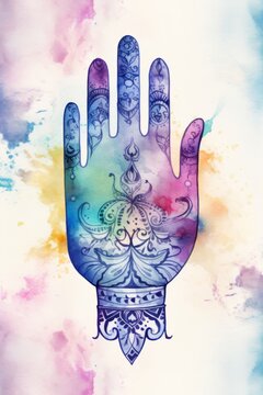 Colorful watercolor style illustration of a Hamsa hand, representing spiritual protection and positivity. The vibrant hues and artistic strokes convey a sense of energy and cultural symbolism.