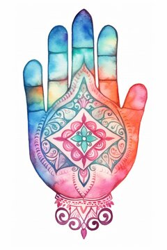 Colorful watercolor style illustration of a Hamsa hand, representing spiritual protection and positivity. The vibrant hues and artistic strokes convey a sense of energy and cultural symbolism.