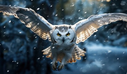 A beautiful snow owl takes flight