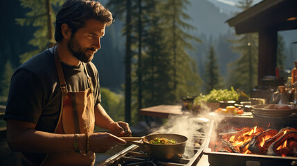 Fototapeta premium Adventure Chef: A portrait of a chef cooking gourmet meals in adventurous outdoor settings like mountain peaks or remote forests, combining culinary skills with outdoor exploration.