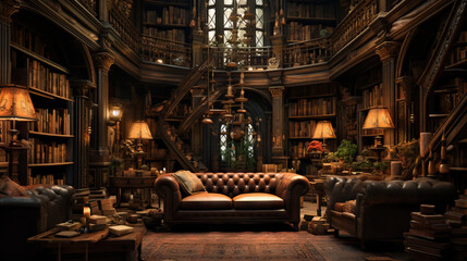 A classic library setting with rows of bookshelves, leather-bound books, wooden tables, antique lamps, and cozy reading corners, evoking a sense of literary charm and knowledge.