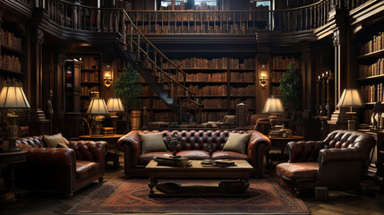 Naklejka premium A classic library setting with rows of bookshelves, leather-bound books, wooden tables, antique lamps, and cozy reading corners, evoking a sense of literary charm and knowledge.