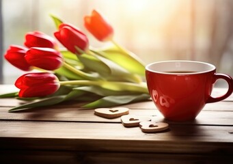 Fototapeta na wymiar Red tulips and coffee cup on wooden table with heart shaped cookies. Generative AI.
