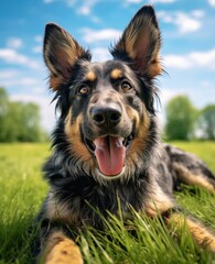 A german shepherd dog is laying in the grass. Generative AI.