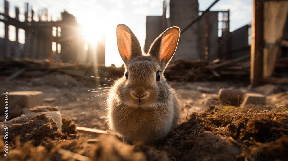Poster a rabbit sitting in the dirt in front of a building. generative ai.