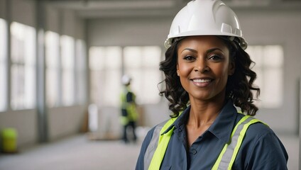 Middle-aged black female construction manager smiling, wearing safety helmet, reflective vest, site background