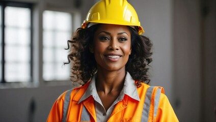 Middle-aged black female construction manager, yellow safety helmet, smiling, orange reflective vest, indoors