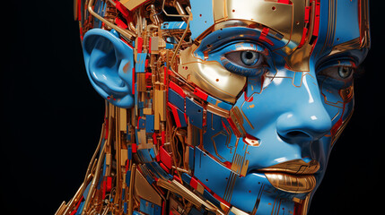 a bright red and blue digital painting of a Gold robot, in the style of distorted portraiture, net art, conceptual installation, hyper-realistic details, silkscreen, precise perspective