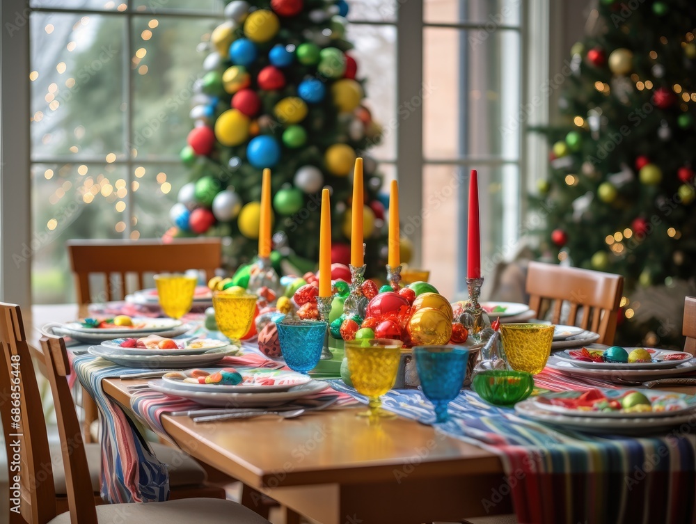 Aufkleber a table with a christmas tree in the background. generative ai.